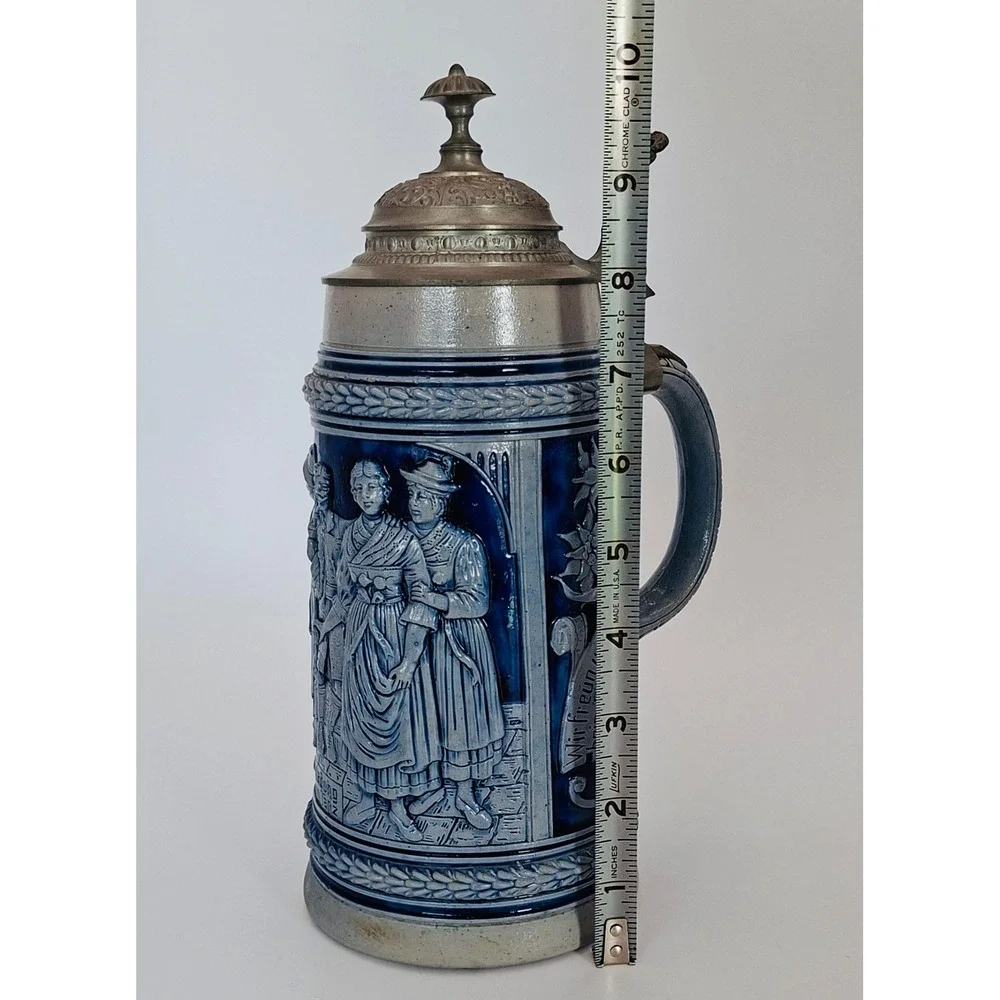 Vintage German 1L Beer Stein Cobalt Relief Pewter Lid #789 Einladung zum Tanz